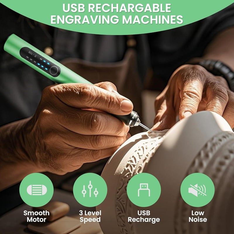 Timntts Electric Engraving Pen with 37 Bits, USB Rechargeable Cordless Etching Engraving Tool, Portable DIY Rotary Engraver for Jewelry Wood Glass Stone Carving (Green) - Image 5